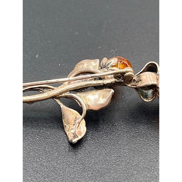 Baltic Cognac Amber Double Rose Brooch 925 Sterling Silver Hand Carved Signed - Picture 5 of 12